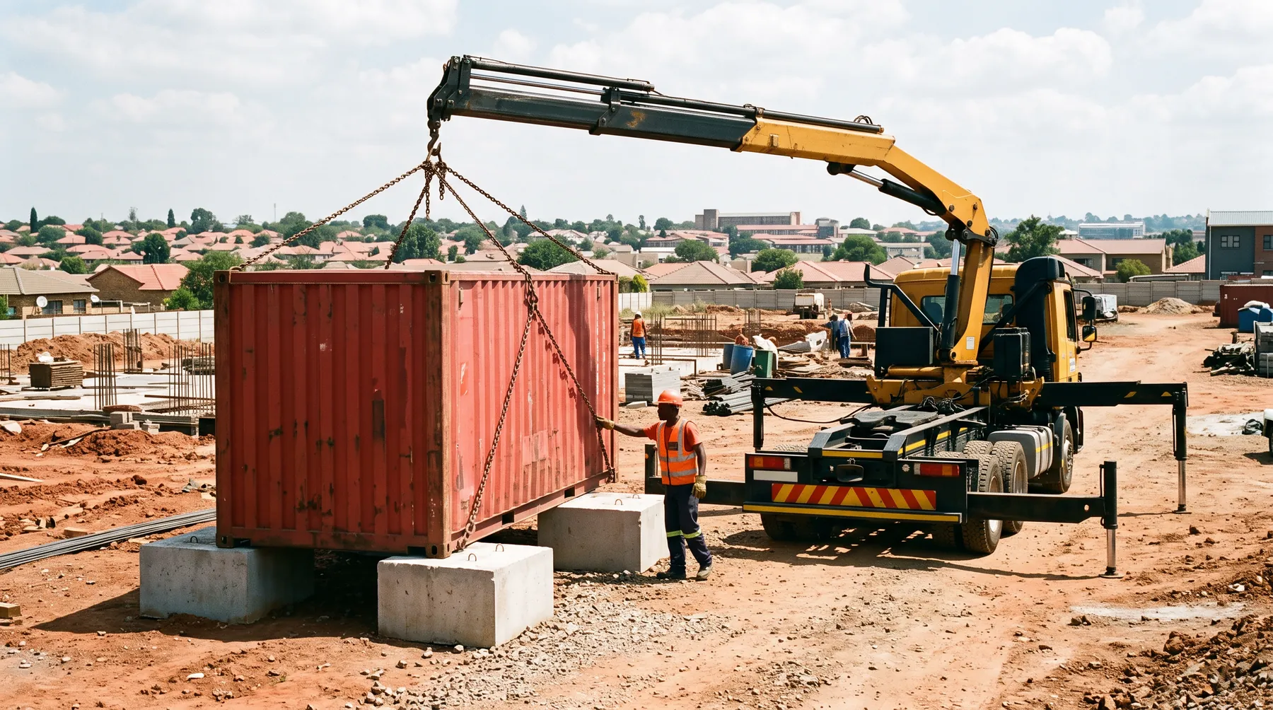 Crane truck placing a container on site