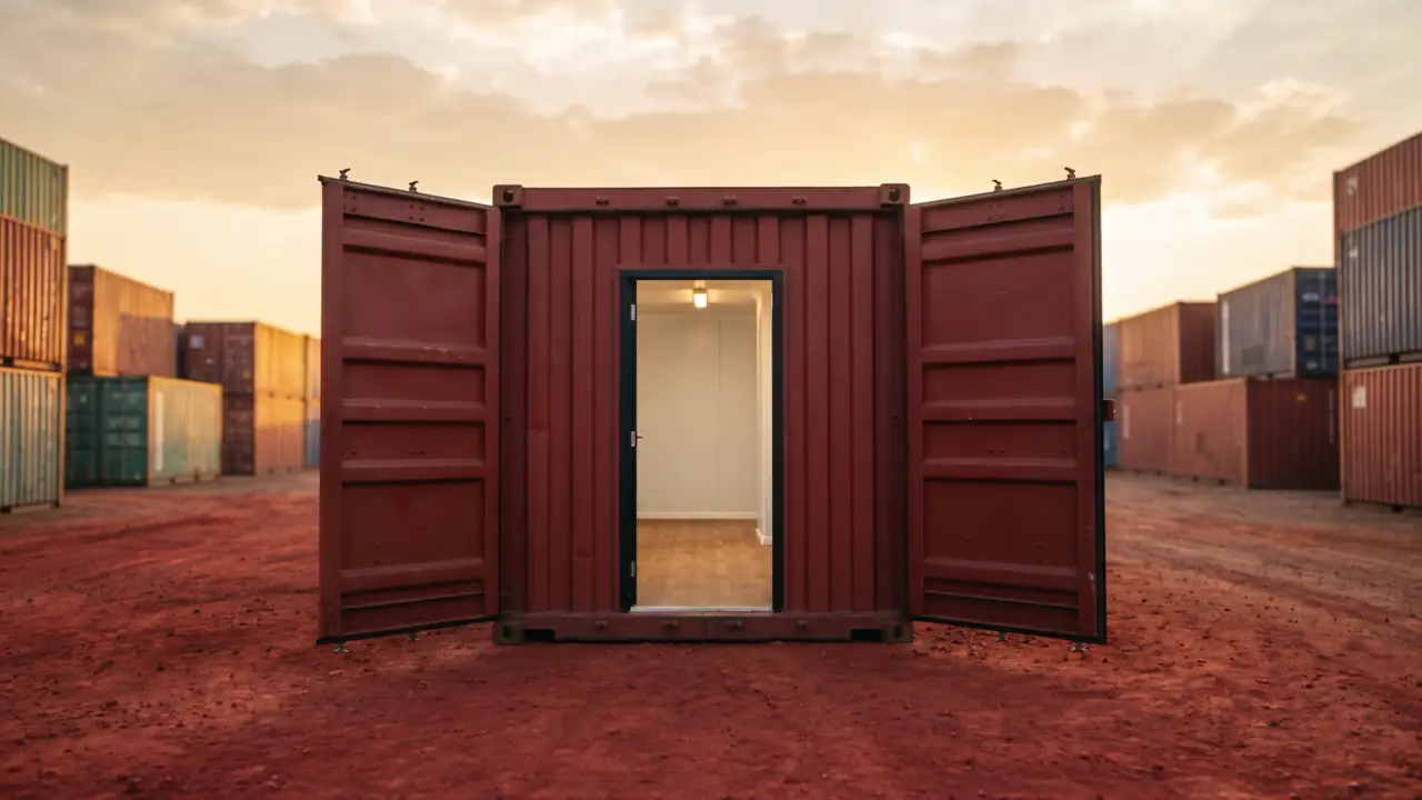 Open doors of a red shipping container in the yard, looking into a fitted shop interior